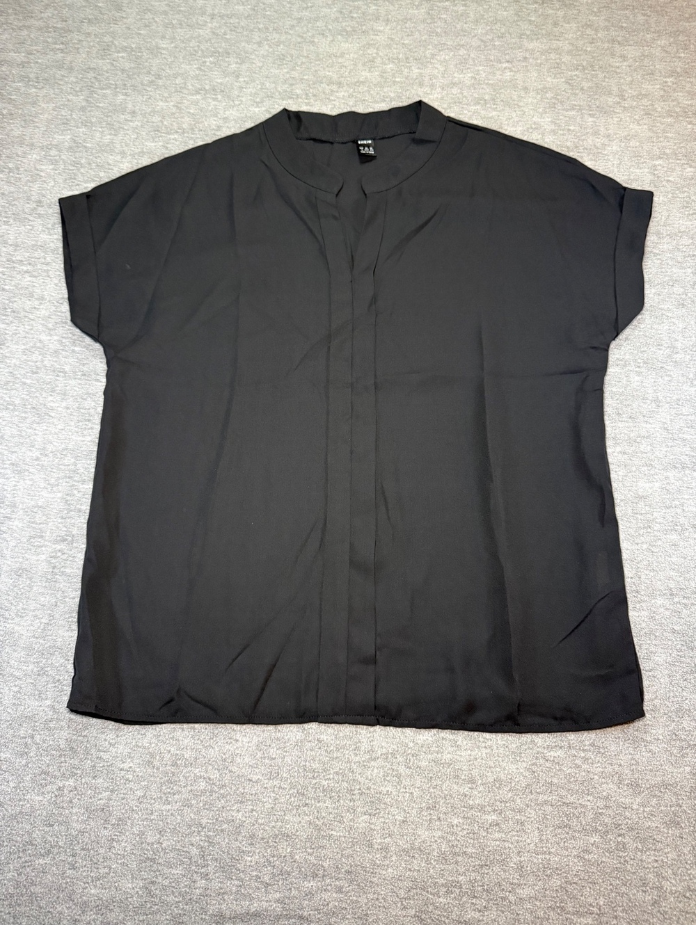 SHEIN Womens Black Blouse L Short Sleeve Pleated V Neck Pullover Top